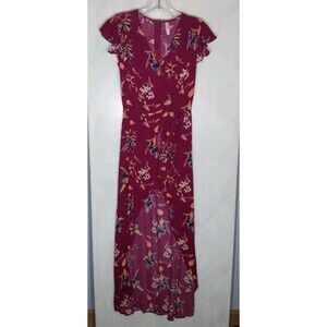 Xhilaration Romper Dress S Burgundy Floral High Low Faux Wrap Maxi Overlay